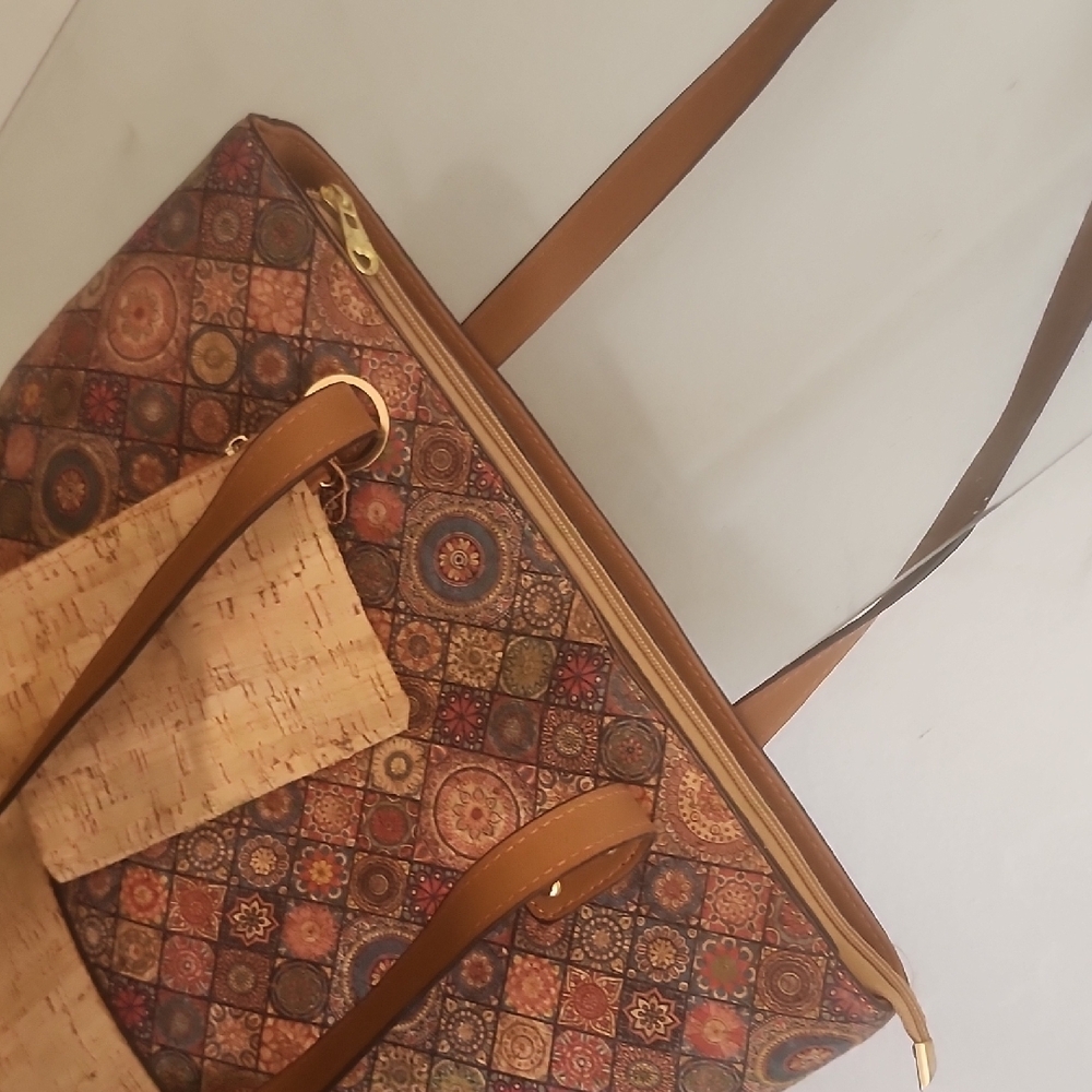 Patterned Brown Tote with Cork Accent and Wristlet - Picture 6 of 9